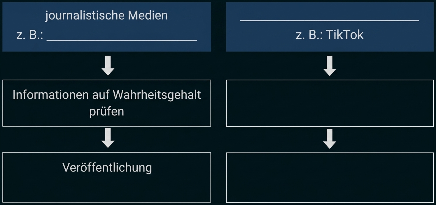 Flussdiagramm: links journalistische Medien, rechts TikTok; Schritte: Informationen prüfen → Veröffentlichung.
